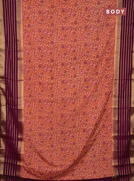 Semi mysore silk saree peach shade and purple with allover kalamkari prints and long zari woven border
