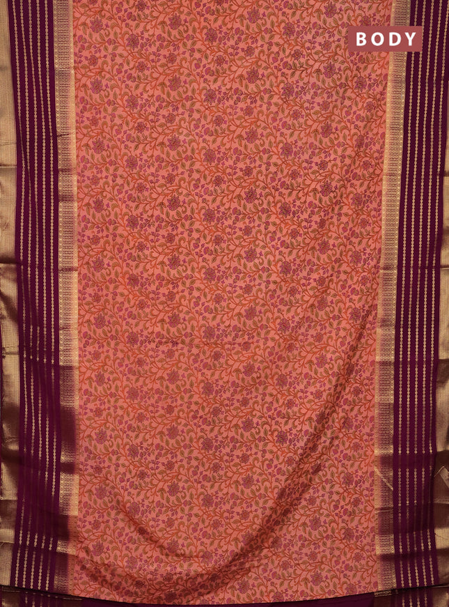 Semi mysore silk saree peach shade and purple with allover kalamkari prints and long zari woven border