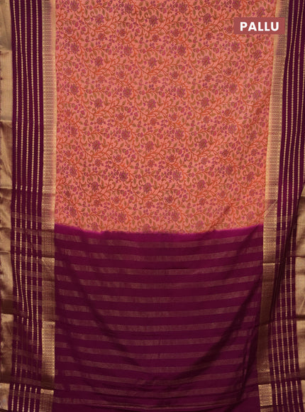 Semi mysore silk saree peach shade and purple with allover kalamkari prints and long zari woven border