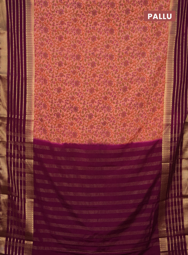 Semi mysore silk saree peach shade and purple with allover kalamkari prints and long zari woven border