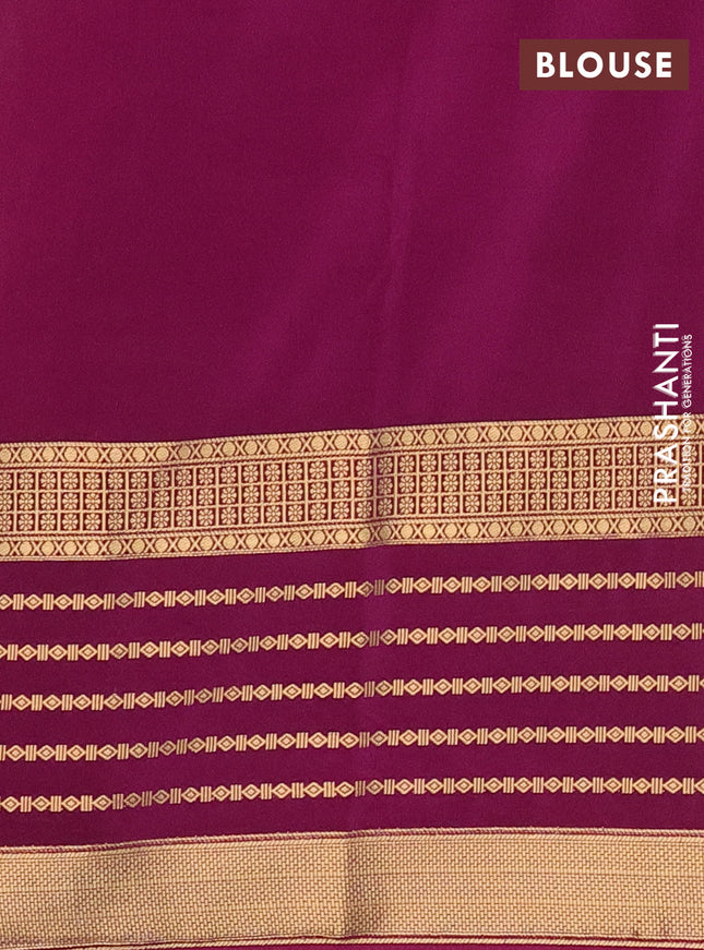 Semi mysore silk saree peach shade and purple with allover kalamkari prints and long zari woven border