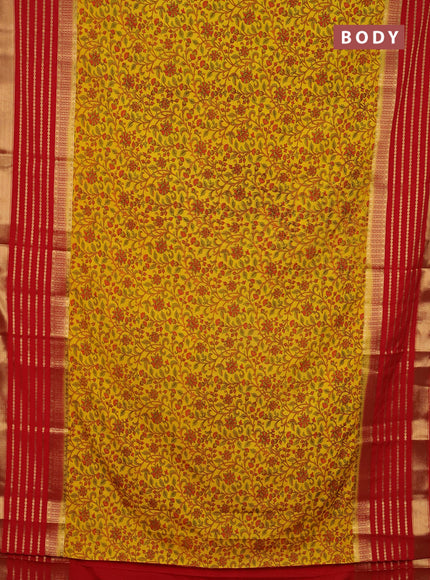 Semi mysore silk saree yellow and red with allover kalamkari prints and long zari woven border