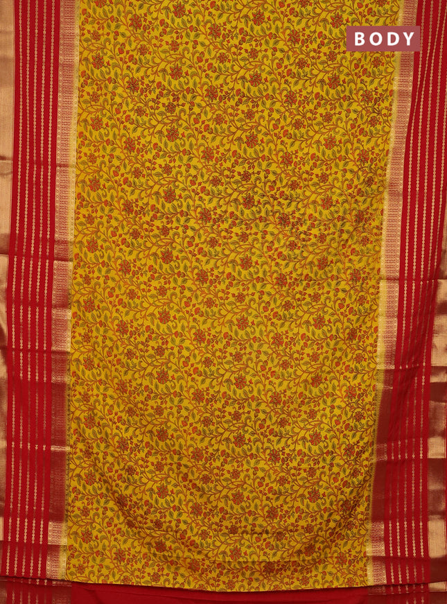 Semi mysore silk saree yellow and red with allover kalamkari prints and long zari woven border