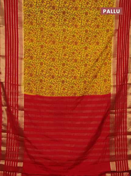 Semi mysore silk saree yellow and red with allover kalamkari prints and long zari woven border