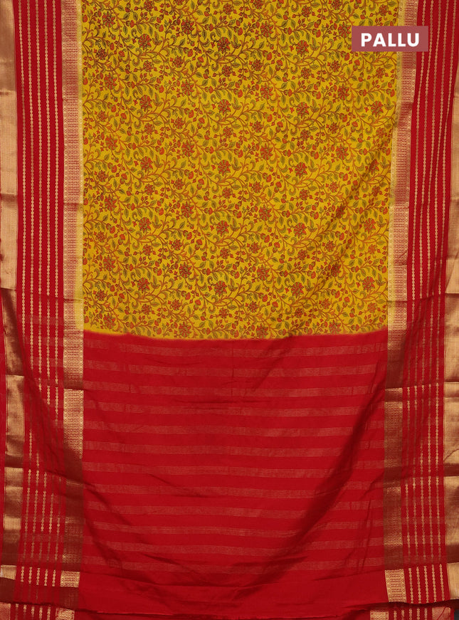 Semi mysore silk saree yellow and red with allover kalamkari prints and long zari woven border