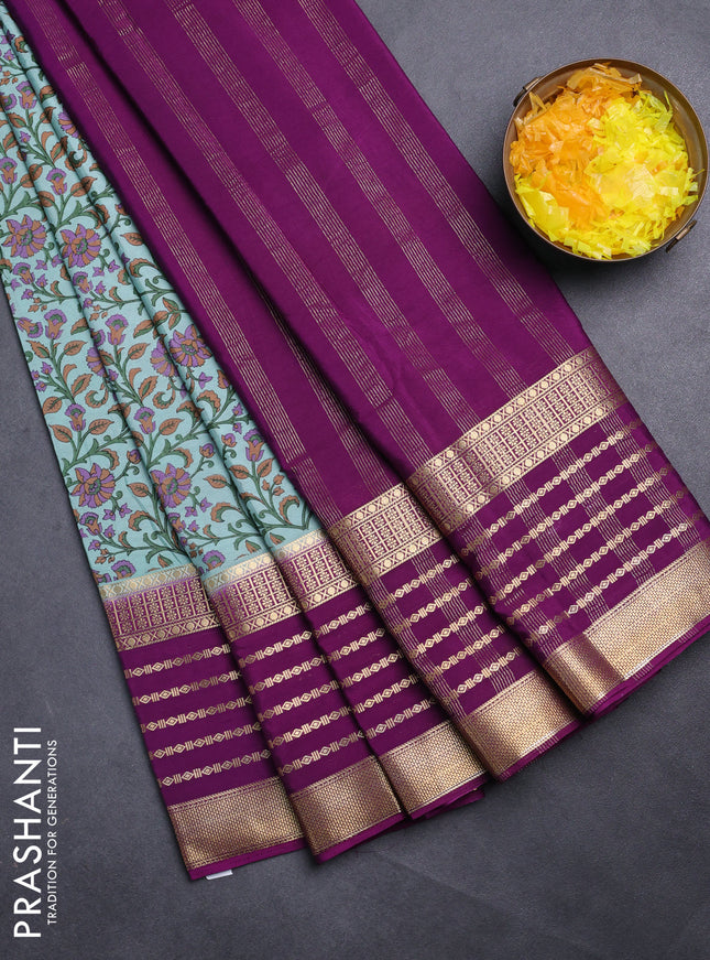 Semi mysore silk saree teal shade and purple with allover kalamkari prints and long zari woven border