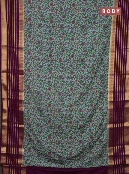 Semi mysore silk saree teal shade and purple with allover kalamkari prints and long zari woven border