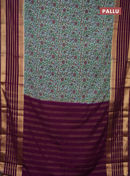 Semi mysore silk saree teal shade and purple with allover kalamkari prints and long zari woven border