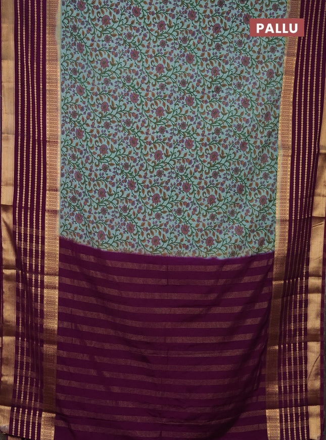 Semi mysore silk saree teal shade and purple with allover kalamkari prints and long zari woven border