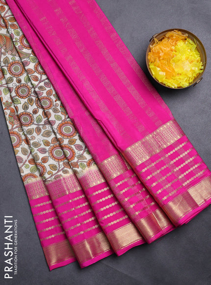 Semi mysore silk saree cream and pink with allover kalamkari prints and long zari woven border