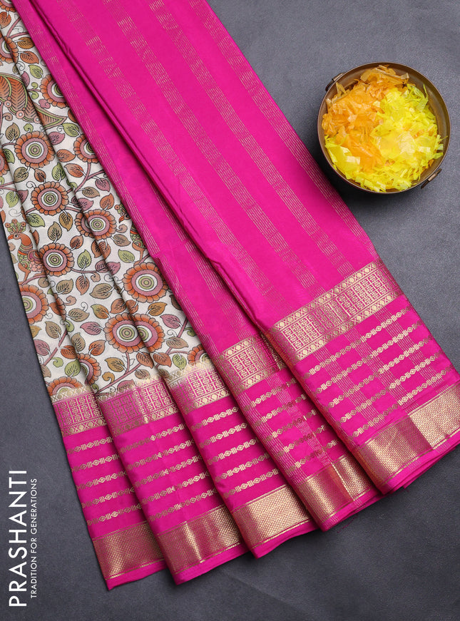 Semi mysore silk saree cream and pink with allover kalamkari prints and long zari woven border