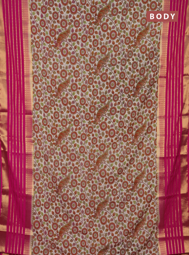 Semi mysore silk saree cream and pink with allover kalamkari prints and long zari woven border