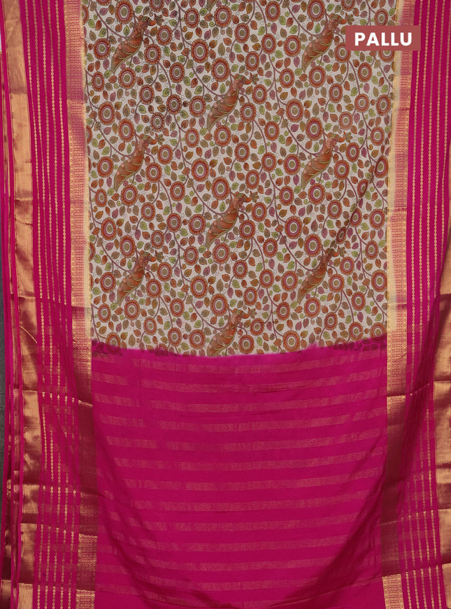 Semi mysore silk saree cream and pink with allover kalamkari prints and long zari woven border