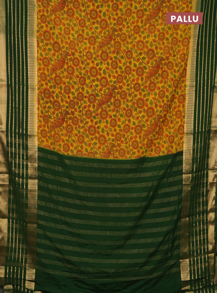 Semi mysore silk saree yellow and green with allover kalamkari prints and long zari woven border