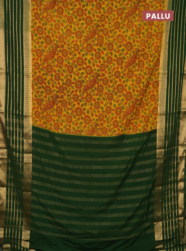 Semi mysore silk saree yellow and green with allover kalamkari prints and long zari woven border