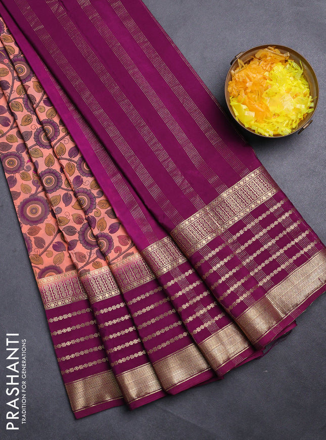 Semi mysore silk saree peach shade and deep purple with allover kalamkari prints and long zari woven border