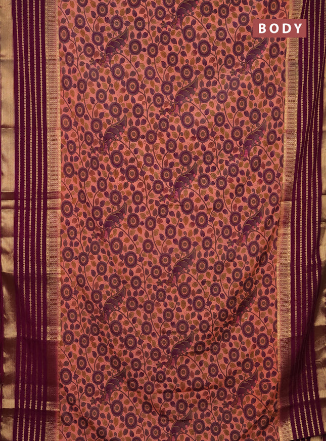 Semi mysore silk saree peach shade and deep purple with allover kalamkari prints and long zari woven border