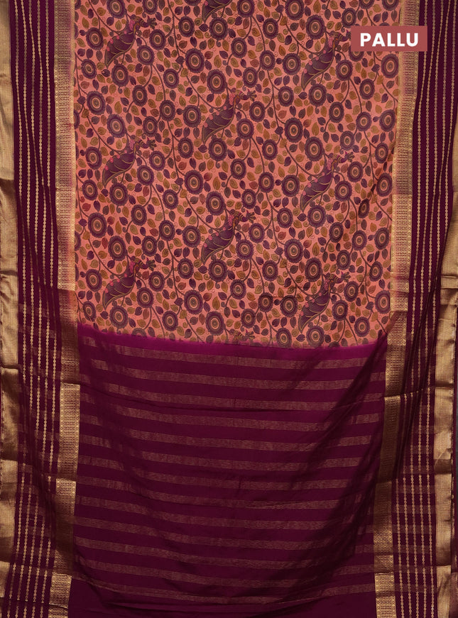 Semi mysore silk saree peach shade and deep purple with allover kalamkari prints and long zari woven border