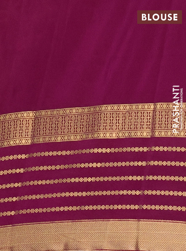Semi mysore silk saree peach shade and deep purple with allover kalamkari prints and long zari woven border