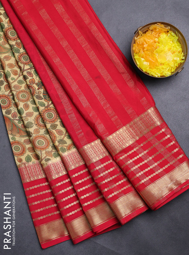 Semi mysore silk saree sandal and red with allover kalamkari prints and long zari woven border