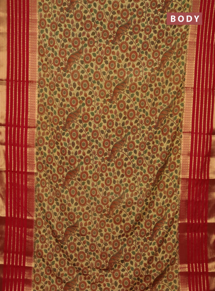 Semi mysore silk saree sandal and red with allover kalamkari prints and long zari woven border