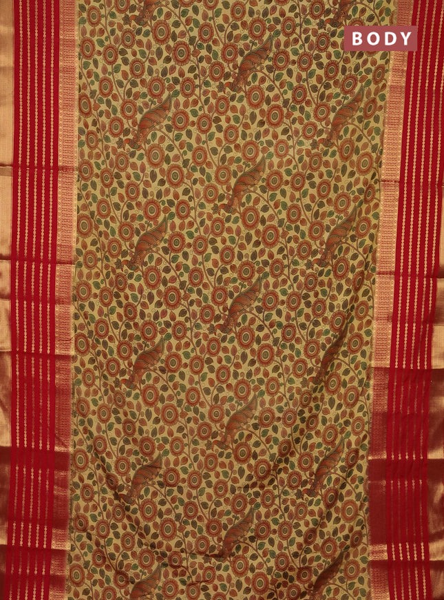 Semi mysore silk saree sandal and red with allover kalamkari prints and long zari woven border