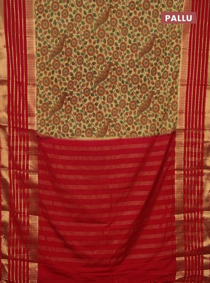 Semi mysore silk saree sandal and red with allover kalamkari prints and long zari woven border