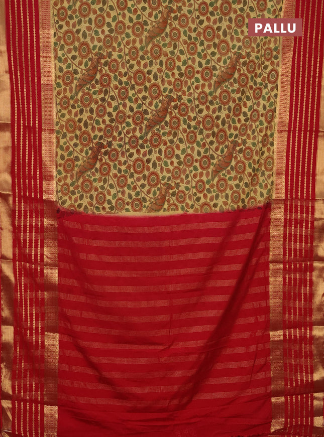 Semi mysore silk saree sandal and red with allover kalamkari prints and long zari woven border