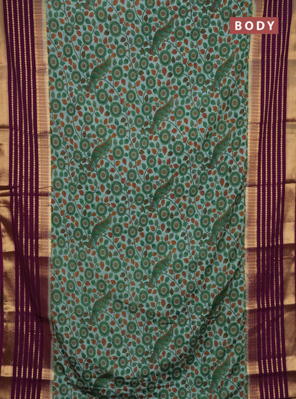 Semi mysore silk saree pastel blue and purple with allover kalamkari prints and long zari woven border