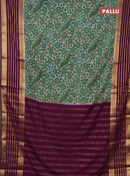 Semi mysore silk saree pastel blue and purple with allover kalamkari prints and long zari woven border