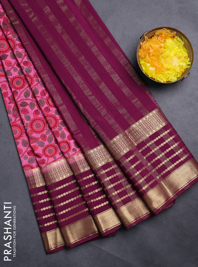 Semi mysore silk saree pink and wine shade with allover kalamkari prints and long zari woven border