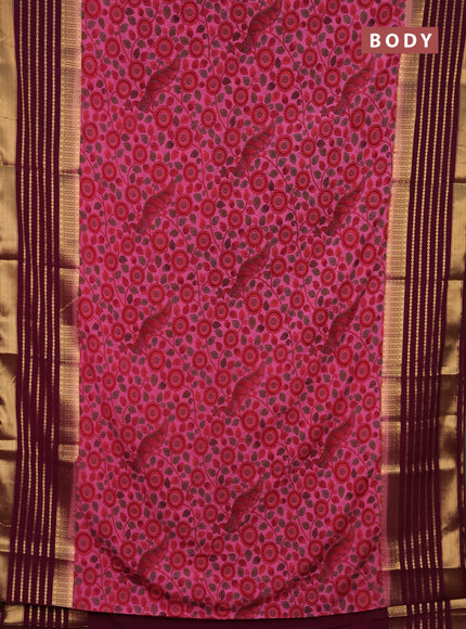 Semi mysore silk saree pink and wine shade with allover kalamkari prints and long zari woven border