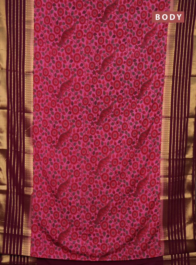 Semi mysore silk saree pink and wine shade with allover kalamkari prints and long zari woven border