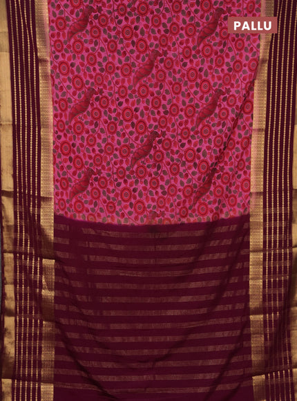 Semi mysore silk saree pink and wine shade with allover kalamkari prints and long zari woven border