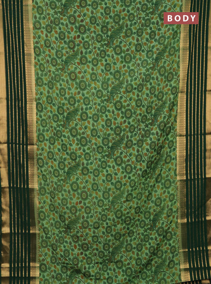 Semi mysore silk saree pastel green and green with allover kalamkari prints and long zari woven border