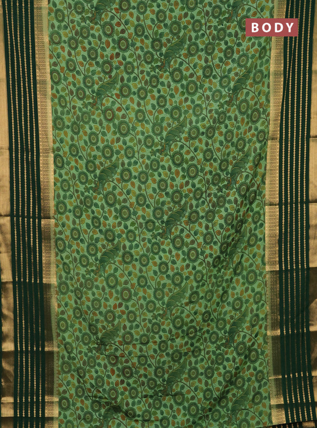 Semi mysore silk saree pastel green and green with allover kalamkari prints and long zari woven border