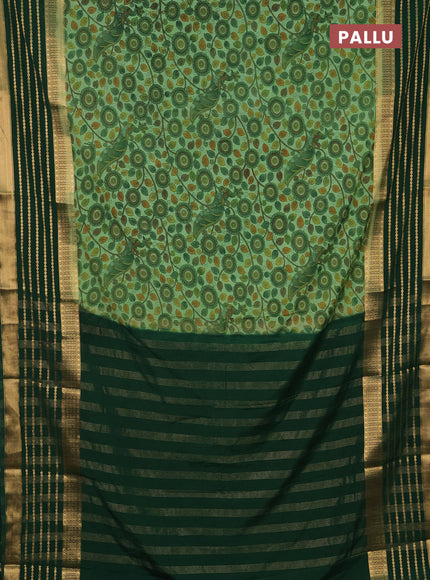 Semi mysore silk saree pastel green and green with allover kalamkari prints and long zari woven border