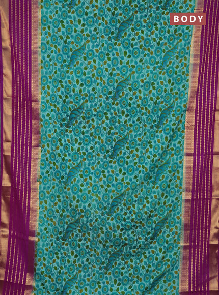 Semi mysore silk saree teal blue and purple with allover kalamkari prints and long zari woven border