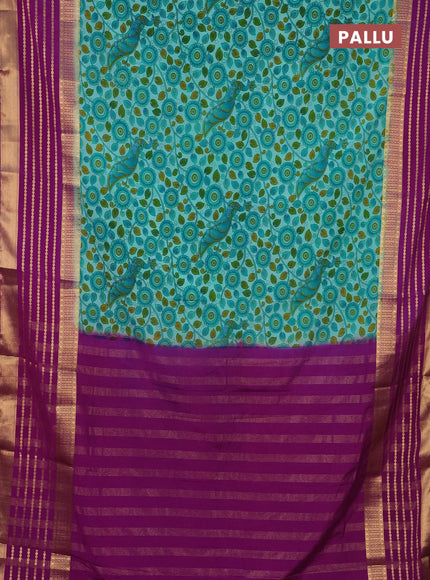 Semi mysore silk saree teal blue and purple with allover kalamkari prints and long zari woven border