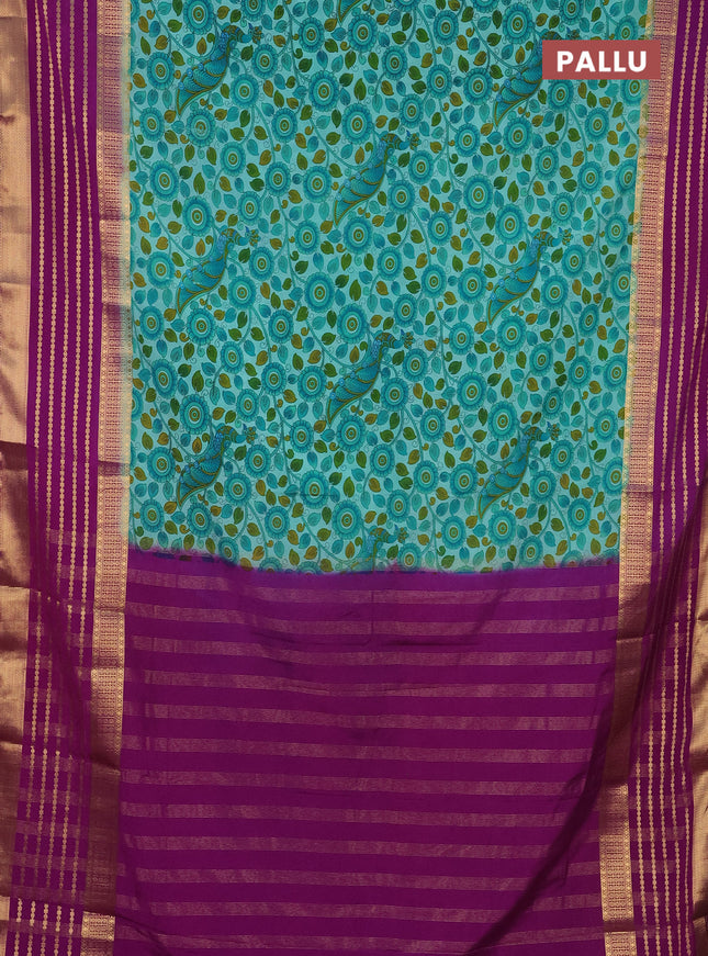 Semi mysore silk saree teal blue and purple with allover kalamkari prints and long zari woven border