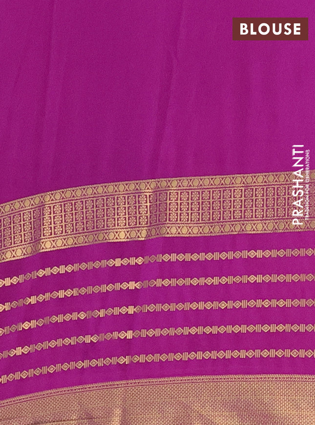 Semi mysore silk saree teal blue and purple with allover kalamkari prints and long zari woven border