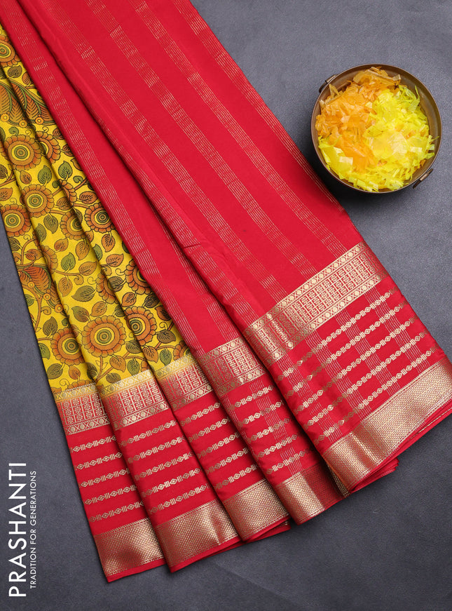 Semi mysore silk saree yellow and red with allover kalamkari prints and long zari woven border