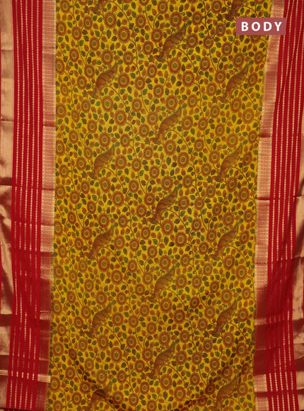Semi mysore silk saree yellow and red with allover kalamkari prints and long zari woven border