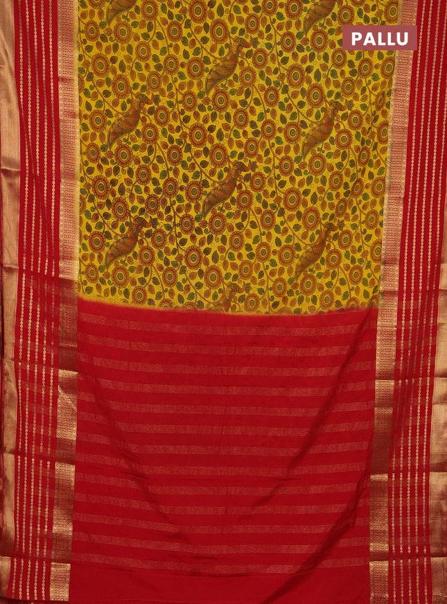 Semi mysore silk saree yellow and red with allover kalamkari prints and long zari woven border