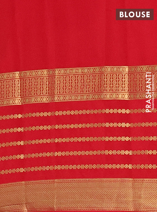 Semi mysore silk saree yellow and red with allover kalamkari prints and long zari woven border
