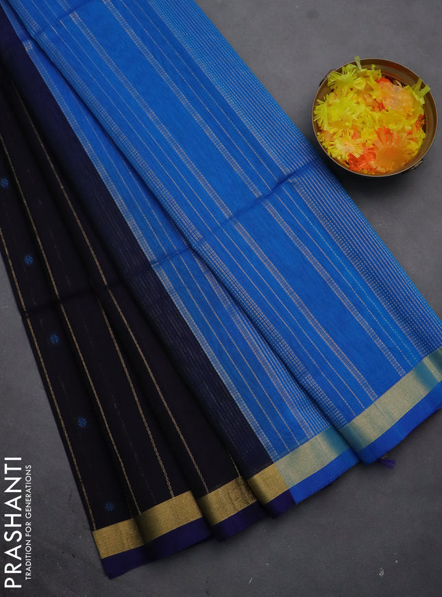 Kora silk cotton saree black and cs blue with allover thread & zari weaves and zari woven border