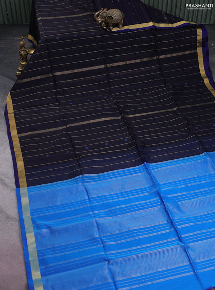 Kora silk cotton saree black and cs blue with allover thread & zari weaves and zari woven border