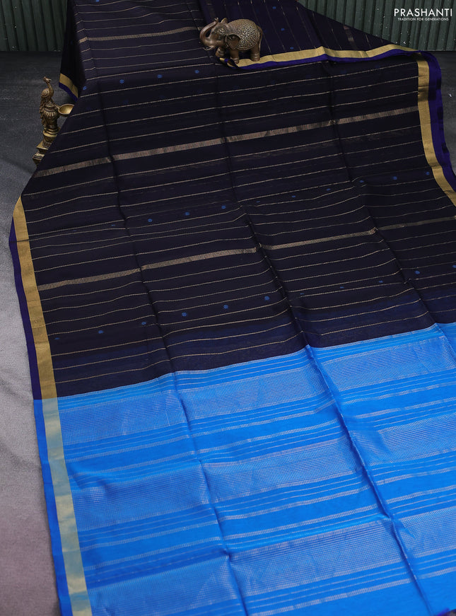 Kora silk cotton saree black and cs blue with allover thread & zari weaves and zari woven border