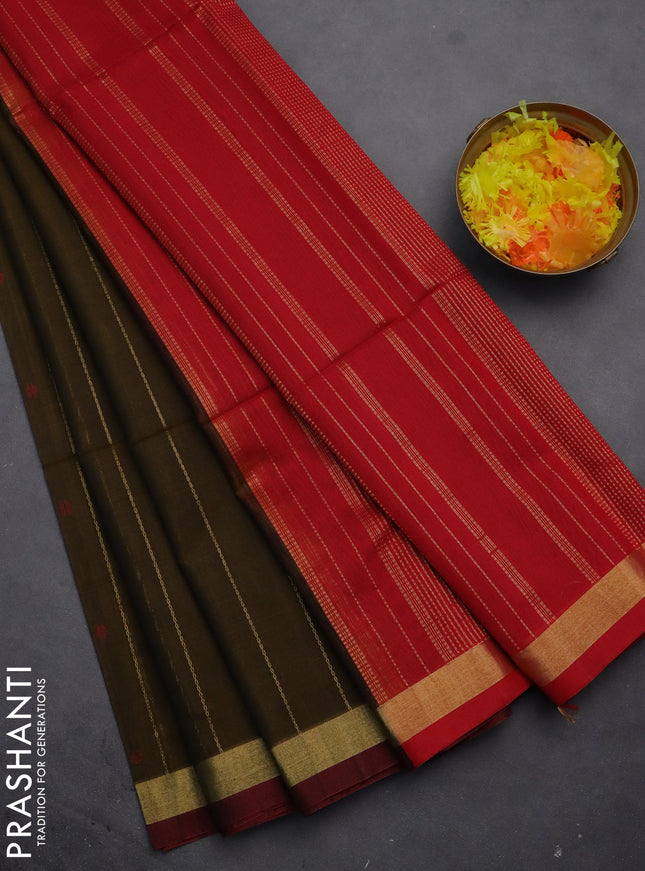 Kora silk cotton saree dark mehendi green and red with allover thread & zari weaves and zari woven border