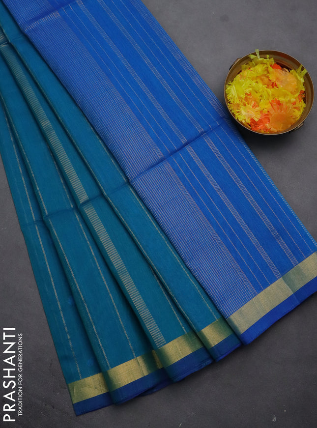 Kora silk cotton saree teal blue and cs blue with allover thread & zari weaves and zari woven border